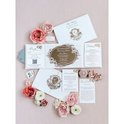 White Suede Folio with Rose Gold Mirror Acrylic Invitation Boxed Wedding Invitations