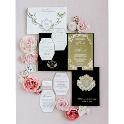 Black Suede Folio Gold Mirror Octagon Invitation Boxed Wedding Invitations