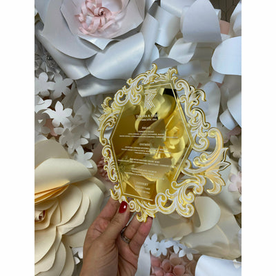Gold Hexagon Acrylic Menu Boxed Wedding Invitations
