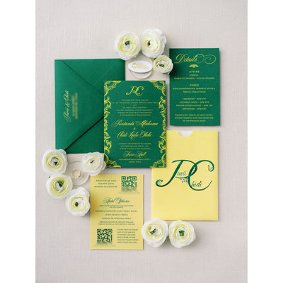 Green and Yellow Suede Pocket Invitation Boxed Wedding Invitations