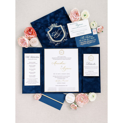 Blue Suede and Gold Detailed Luxury Suede Folio Boxed Wedding Invitations