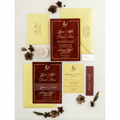 Burgundy & Gold Suede Invitation Boxed Wedding Invitations