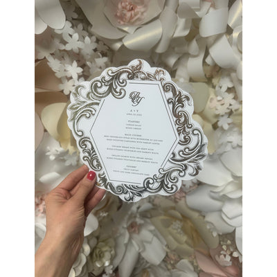 White Adorned Hexagon Menu Boxed Wedding Invitations