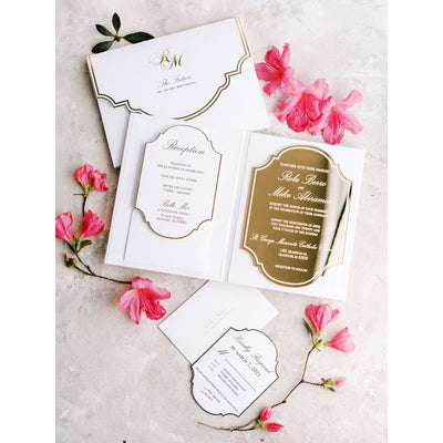 Gold Mirror Acrylic Invite with White Cardstock Folio Boxed Wedding Invitations