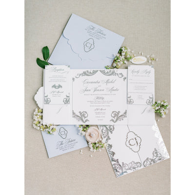 Silver Foil White Folio Invitation Boxed Wedding Invitations