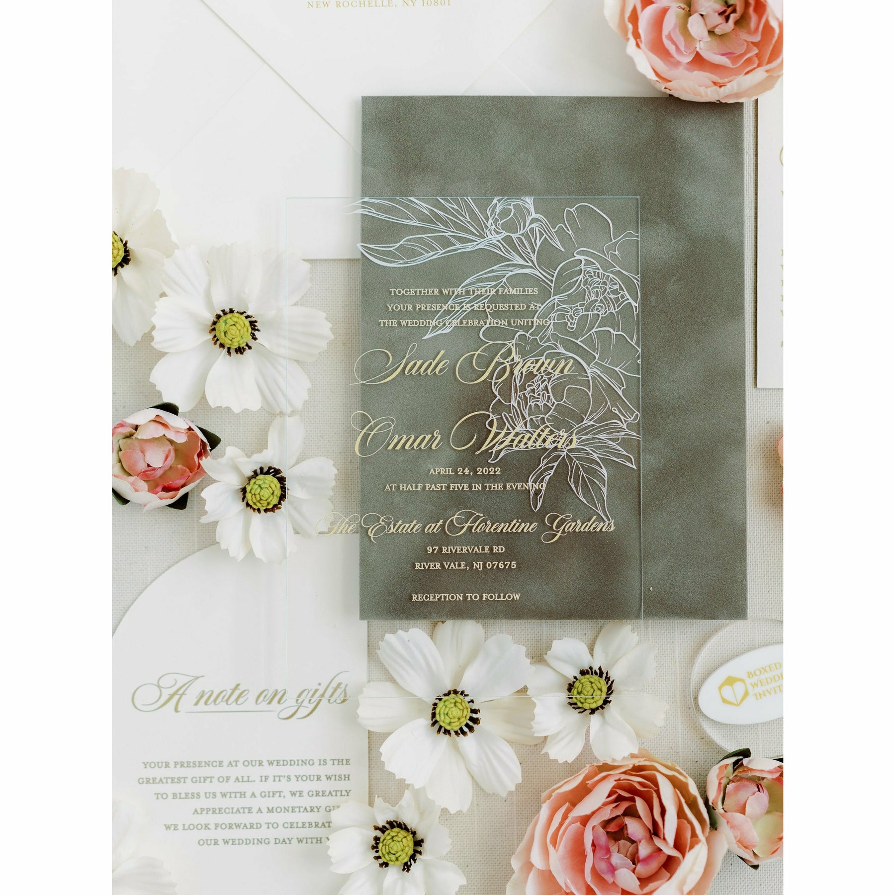 Custom Suede Pocket & Clear Acrylic Invitation – Boxed Wedding