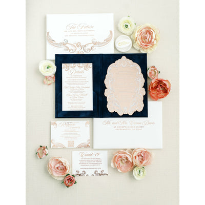 Navy Suede Folio with Rose Gold Mirror Acrylic Invitation Boxed Wedding Invitations