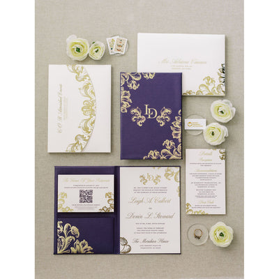 Metallic Deep Purple and Gold Foil Folio Invitation Boxed Wedding Invitations