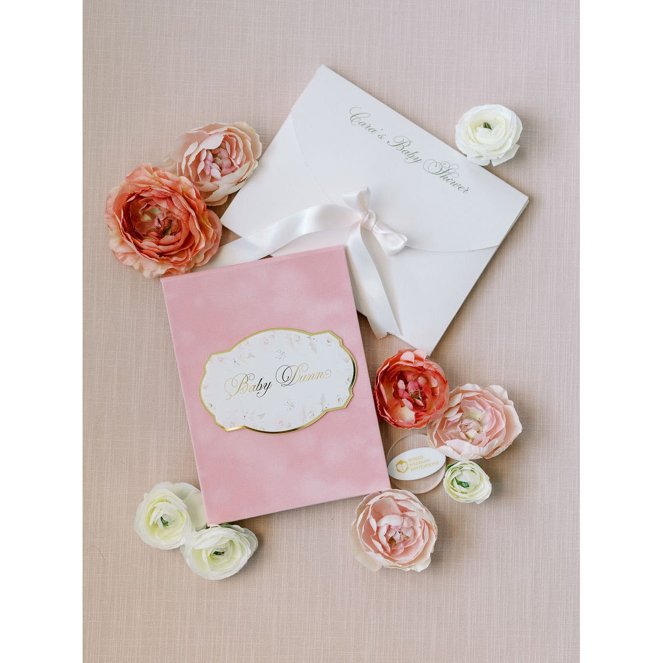Pink Suede Baby in Bloom Folio – Boxed Wedding Invitations