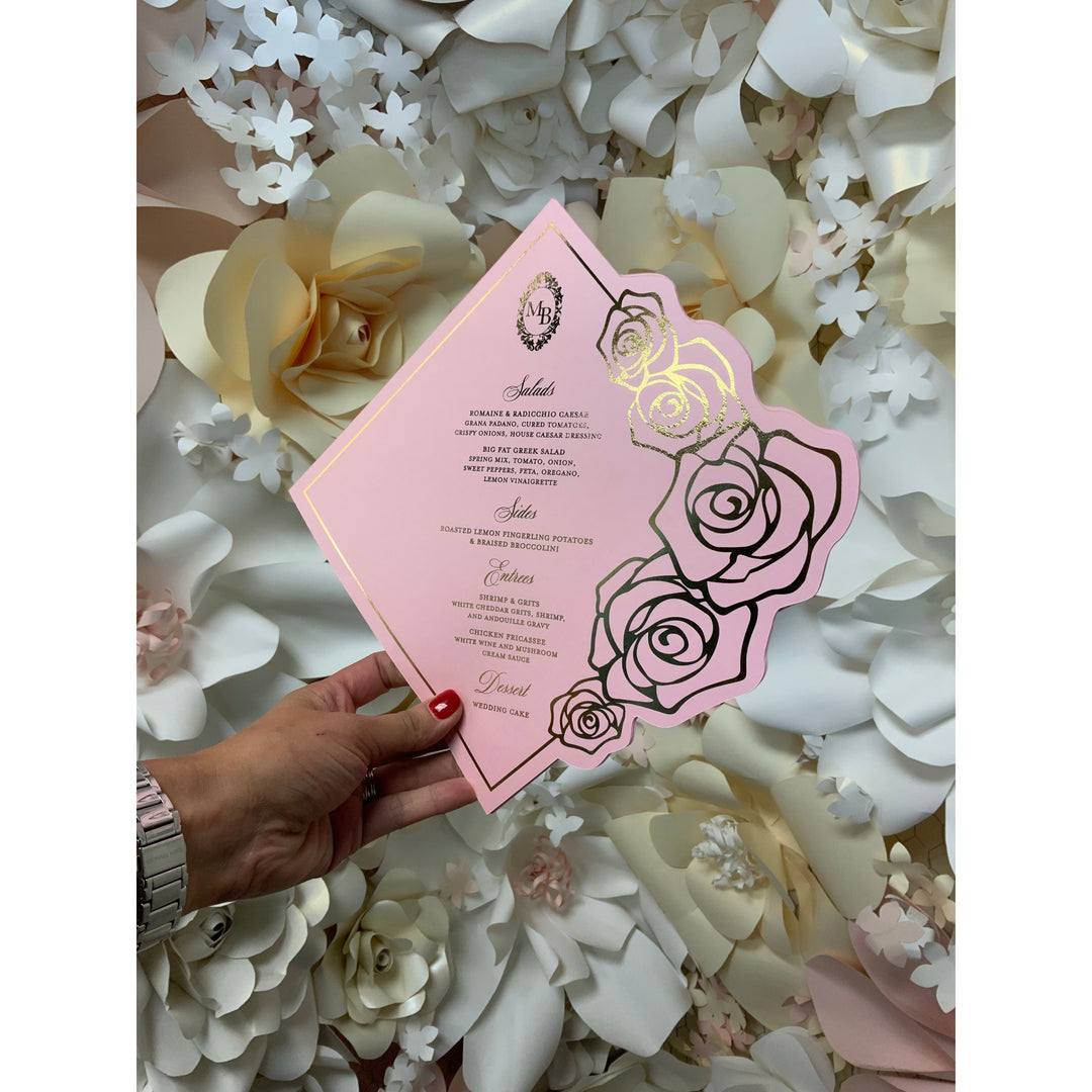 Pink Floral Diamond Gold Foil Menu - Main Image