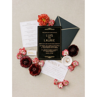 Black Suede with Gold Foil Pressed Detail Invitation Boxed Wedding Invitations