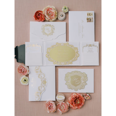 Off White Suede Folio with Gold Mirror Acrylic Invitation Boxed Wedding Invitations