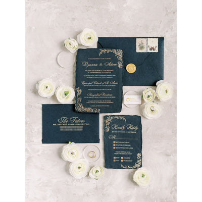 Luxurious Black Handmade Paper Invitation Boxed Wedding Invitations