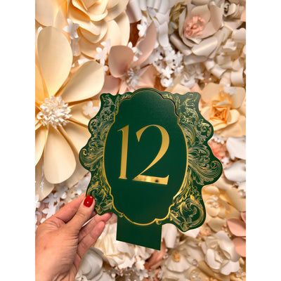 Green & Gold Foil Die Cut Table Numbers Boxed Wedding Invitations