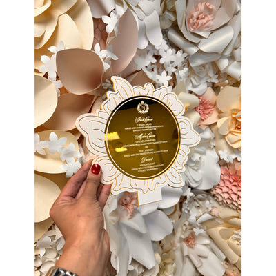 White & Gold Mirror Acrylic Floral Menu Boxed Wedding Invitations