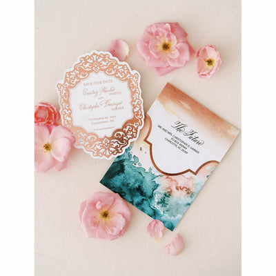 Rose Gold Foil & Watercolor Boxed Wedding Invitations