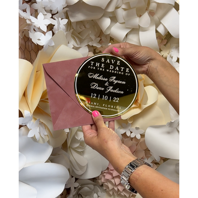 Gold Mirror Acrylic Circle Save The Date Boxed Wedding Invitations