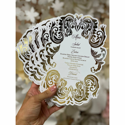 White & Gold Die Cut Menu Boxed Wedding Invitations