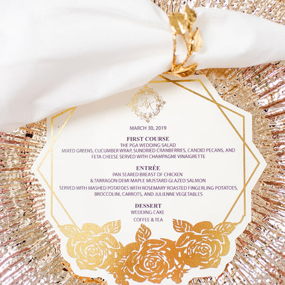 Gold Foil Menu with Roses Boxed Wedding Invitations